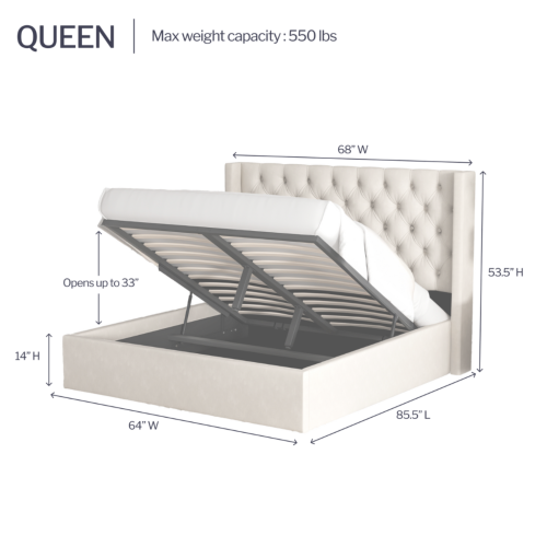 Cadre de grand lit Aykah Nora avec rangement hydraulique, cadre de lit plateforme en métal et tête de lit haute, support de lattes en bois, style