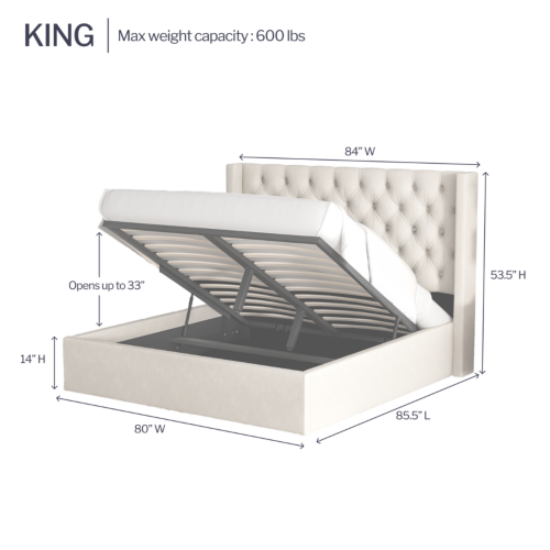Cadre de grand lit Aykah Nora avec rangement hydraulique, cadre de lit plateforme en métal et tête de lit haute, support de lattes en bois, style