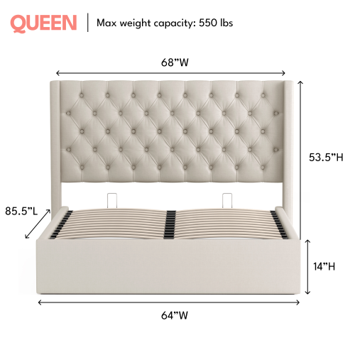 Cadre de grand lit Aykah Nora avec rangement hydraulique, cadre de lit plateforme en métal et tête de lit haute, support de lattes en bois, style