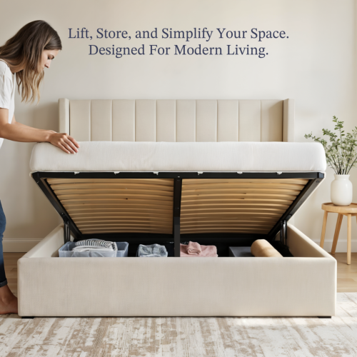 Jenny King Bed Frame With Lift-up Storage, Upholstered Metal King Size Bed Frame with Winged Headboard, No Box Spring Required