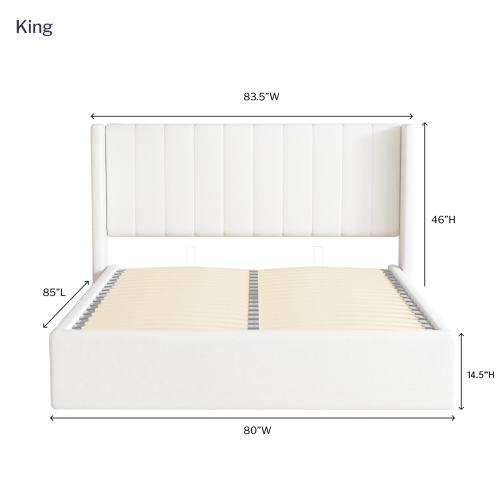 Jenny King Bed Frame With Lift-up Storage, Upholstered Metal King Size Bed Frame with Winged Headboard, No Box Spring Required