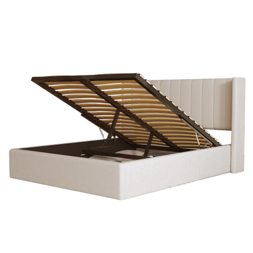 Jenny King Bed Frame With Lift-up Storage, Upholstered Metal King Size Bed Frame with Winged Headboard, No Box Spring Required