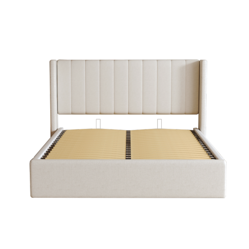 Jenny King Bed Frame With Lift-up Storage, Upholstered Metal King Size Bed Frame with Winged Headboard, No Box Spring Required