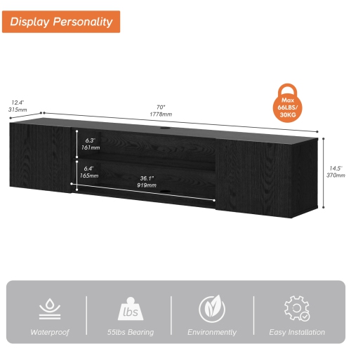 WMAPAT 70" Floating TV Stand for TVs up to 80", Modern Media Entertainment Center Console with Storage Cabinets&Doors, 2-Tier Wall Mounted TV Shelf