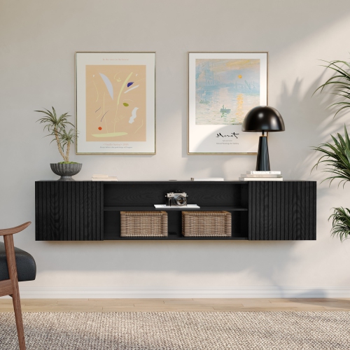 WMAPAT 70" Floating TV Stand for TVs up to 80", Modern Media Entertainment Center Console with Storage Cabinets&Doors, 2-Tier Wall Mounted TV Shelf