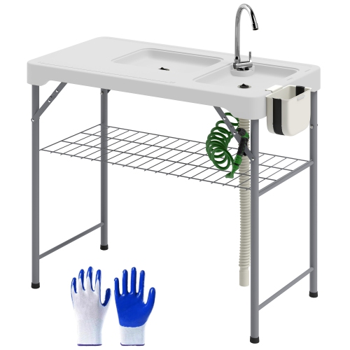 Outsunny Folding Fish Cleaning Table with Sinks, Camping Sink with Faucet Drainage Hose Sprayer Shelf Drawer Storage Basket, Outdoor Sink Station for