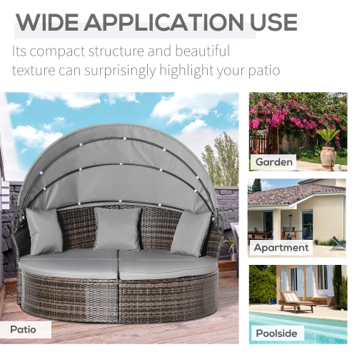 Outsunny 2 Pieces Rattan Outdoor Daybed with Retractable Canopy, Wicker Round Patio Daybed Set with Cushions & Pillows, Sectional Outdoor Sofa Set