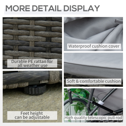 Outsunny 2 Pieces Rattan Outdoor Daybed with Retractable Canopy, Wicker Round Patio Daybed Set with Cushions & Pillows, Sectional Outdoor Sofa Set