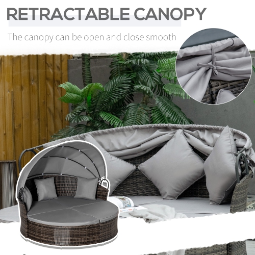 Outsunny 2 Pieces Rattan Outdoor Daybed with Retractable Canopy, Wicker Round Patio Daybed Set with Cushions & Pillows, Sectional Outdoor Sofa Set
