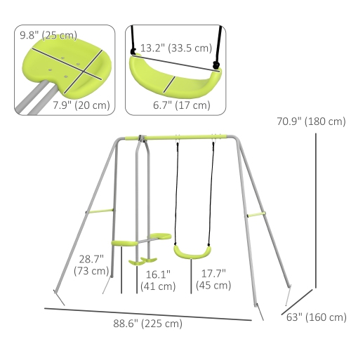 Outsunny 2 in 1 Metal Swing Set with Glider, Swing Seat, Ground Stakes, Kids Swing Set for Backyard, Outdoor, Playground, Green