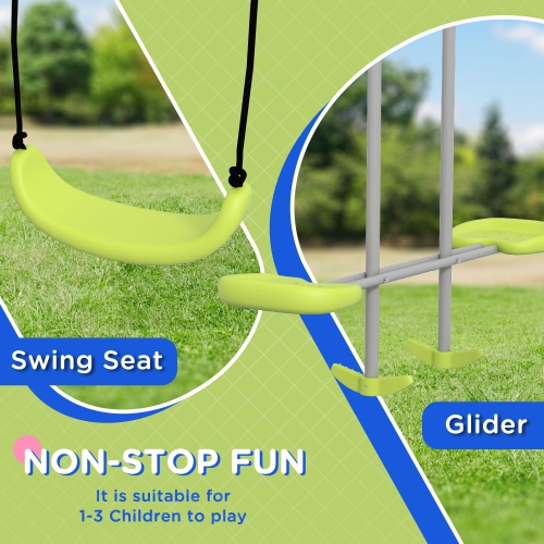 Outsunny 2 in 1 Metal Swing Set with Glider, Swing Seat, Ground Stakes, Kids Swing Set for Backyard, Outdoor, Playground, Green