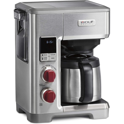 WOLF GOURMET Programmable Coffee Maker System with 10 Cup Thermal Carafe, Built-In Grounds Scale, Removable Reservoir, Stainless Steel, Red Knob