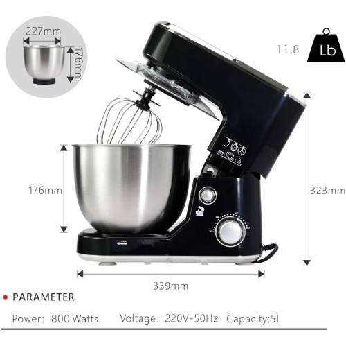 Batteur sur socle de 5 pintes de CUSIMAX avec crochet pétrisseur, fouet plat, acier inoxydable, noir