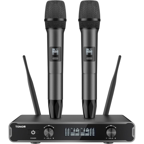 Image 1 de 6.. Systèmes de microphones de karaoké de TONOR, ensemble de deux microphones UHF à canal réglable avec récepteur - Gris