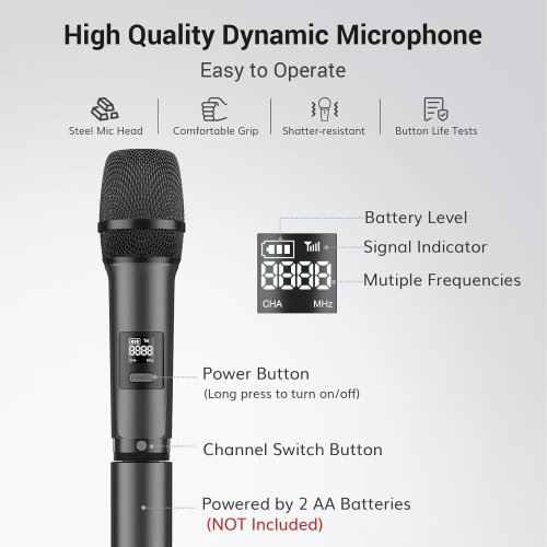 TONOR Karaoke Microphones Systems, UHF Dual Adjustable Channel Microphone Kit with Receiver - Grey