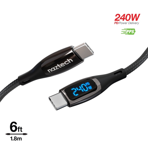 Naztech 6 ft DigiWATT 240W USB-C to USB-C Digital Fast Charge Cable with LED Power Display