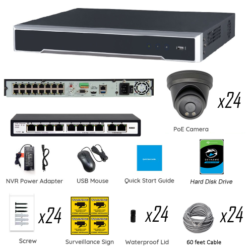 Full Color Night Vision 6MP Wired Audio Security Camera System, 24 Camera Surveillance Kit Outdoor DIY Audio 10TB HDD Included for Home Business