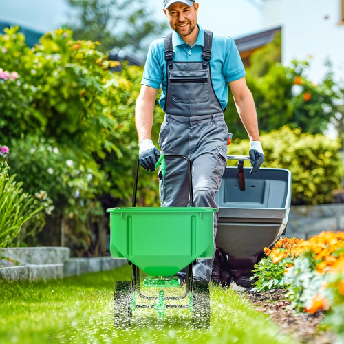 Outsunny Broadcast Spreader, 40 L Walk-Behind Fertilizer Spreader with 8.5" Wheels, Steel Push Garden Seeder for Fertilizer, Seeds, Salt, 132 LB