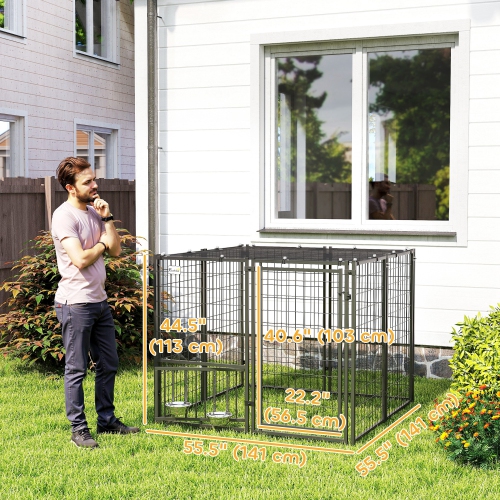 PawHut Dog Run Outdoor, Welded Wire Outdoor Dog Kennel with 4 Levels Adjustable & Rotatable Dog Bowls, Sun-Shade Cover, Secure Lock, for Small and
