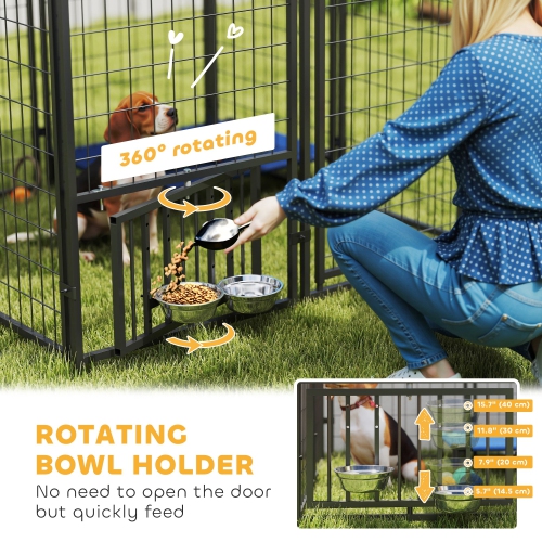 PawHut Dog Run Outdoor, Welded Wire Outdoor Dog Kennel with 4 Levels Adjustable & Rotatable Dog Bowls, Sun-Shade Cover, Secure Lock, for Small and
