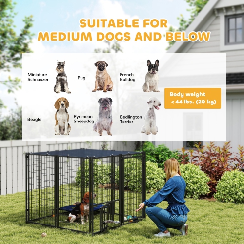 PawHut Dog Run Outdoor, Welded Wire Outdoor Dog Kennel with 4 Levels Adjustable & Rotatable Dog Bowls, Sun-Shade Cover, Secure Lock, for Small and