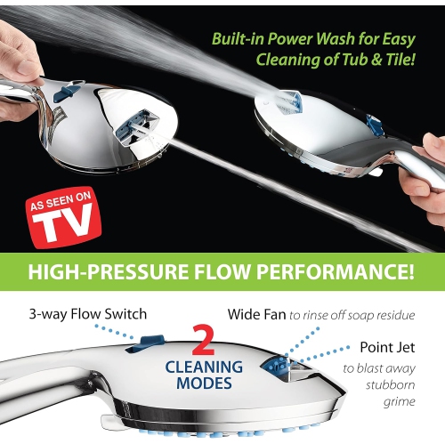 Prismi High Pressure 8-Mode Handheld Shower Head - Anti-Clog Nozzles, Built-in Power Wash to Clean Tub, Tile & Pets, Extra Long 6 ft. Stainless Steel