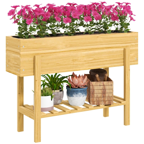 Outsunny Raised Garden Bed with Legs, 39" x 12" x 28" Elevated Wooden Planter Box with Storage Shelf, Bed Liner and Drainage Holes for Backyard Patio