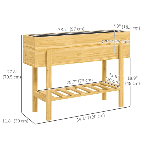 Outsunny Raised Garden Bed with Legs, 39" x 12" x 28" Elevated Wooden Planter Box with Storage Shelf, Bed Liner and Drainage Holes for Backyard Patio