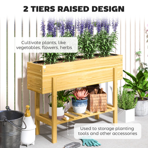Outsunny Raised Garden Bed with Legs, 39" x 12" x 28" Elevated Wooden Planter Box with Storage Shelf, Bed Liner and Drainage Holes for Backyard Patio