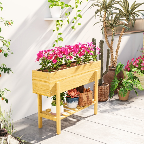 Outsunny Raised Garden Bed with Legs, 39" x 12" x 28" Elevated Wooden Planter Box with Storage Shelf, Bed Liner and Drainage Holes for Backyard Patio