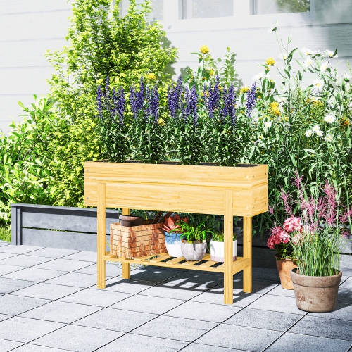 Outsunny Raised Garden Bed with Legs, 39" x 12" x 28" Elevated Wooden Planter Box with Storage Shelf, Bed Liner and Drainage Holes for Backyard Patio