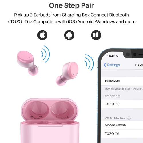 TOZO T6 In-Ear Sound Isolating True Wireless Headphones Bluetooth Earbuds IPX8 Water Resistance - Pink