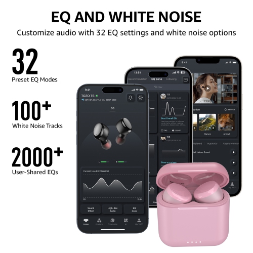 TOZO T6 In-Ear Sound Isolating True Wireless Headphones Bluetooth Earbuds IPX8 Water Resistance - Pink