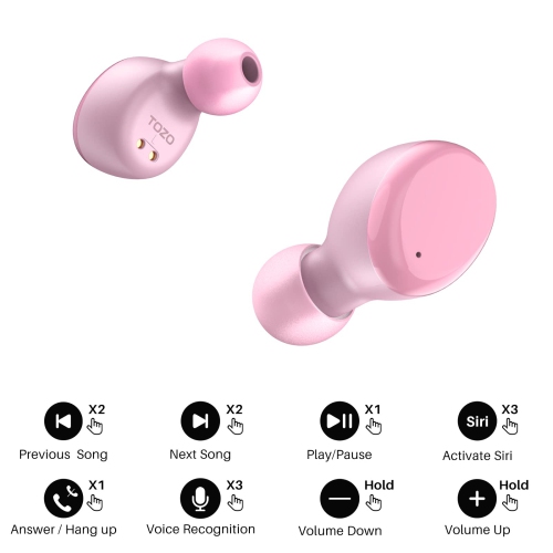 TOZO T6 In-Ear Sound Isolating True Wireless Headphones Bluetooth Earbuds IPX8 Water Resistance - Pink
