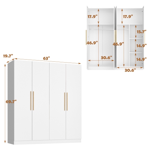 Homsee Wardrobe with Dual Hanging Rods and Adjustable Shelves for Efficient Storage and Organization,White