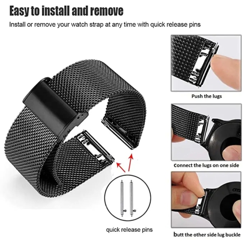 22mm Metal Watch Band for Samsung Galaxy Watch3, Gear 2, S3, Also Fits Garmin Vivoactive 4, Venu 2, 3, Forerunner - Black Silver