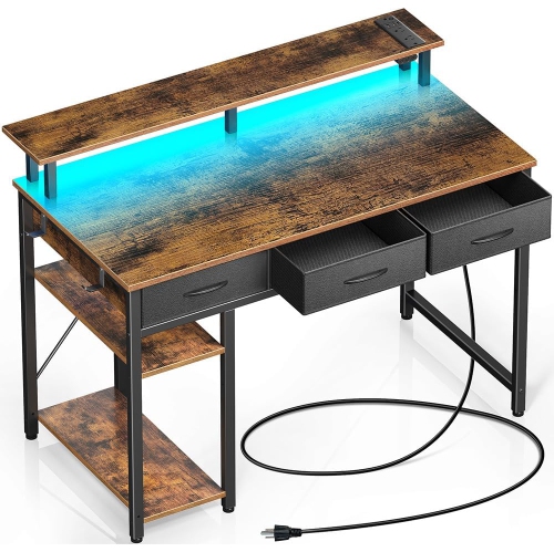 PRISMI  Computer Desk \w Power Outlets & Led Light, 39 Inch Home Office Desk \w 3 Drawers And Storage Shelves, Writing Desk \w Monitor Stand, Work