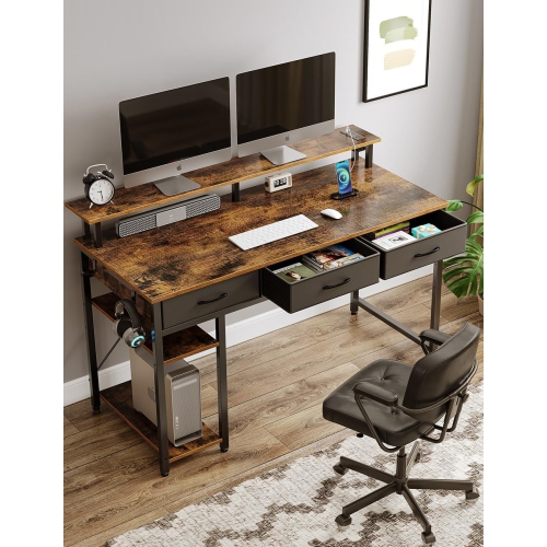 Computer Desk with Power Outlets & LED Light, 39 inch Home Office Desk with 3 Drawers and Storage Shelves, Writing Desk with Monitor Stand, Work Desk