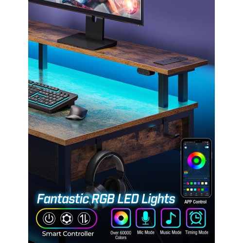 Computer Desk with Power Outlets & LED Light, 39 inch Home Office Desk with 3 Drawers and Storage Shelves, Writing Desk with Monitor Stand, Work Desk