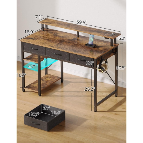 Computer Desk with Power Outlets & LED Light, 39 inch Home Office Desk with 3 Drawers and Storage Shelves, Writing Desk with Monitor Stand, Work Desk