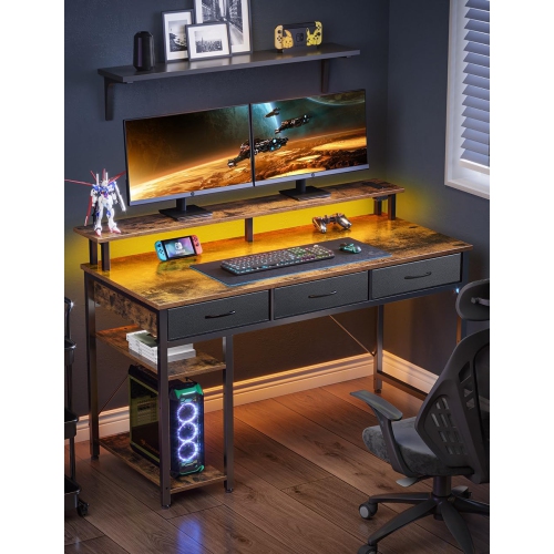 Computer Desk with Power Outlets & LED Light, 39 inch Home Office Desk with 3 Drawers and Storage Shelves, Writing Desk with Monitor Stand, Work Desk