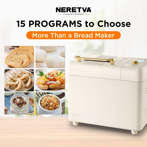 Neretva Bread Maker, 2.2LB 15-in-1 Bread Machine, Automatic Breadmaker Machine with Auto Nut Dispenser & Nonstick Ceramic Pan, Bread Makers Machine