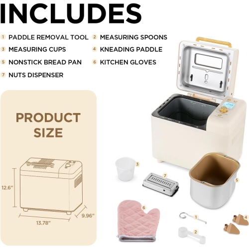 Neretva Bread Maker, 2.2LB 15-in-1 Bread Machine, Automatic Breadmaker Machine with Auto Nut Dispenser & Nonstick Ceramic Pan, Bread Makers Machine