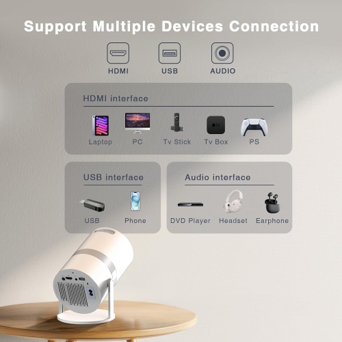 【Built-in Apps】 Projector 4K with WiFi 6 and Bluetooth, Portable Outdoor Projector with 【Auto Keystone】, 270° Rotation Movie Projector Compatible