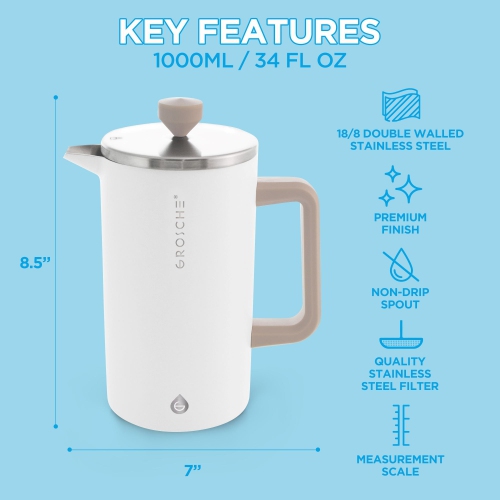 GROSCHE DUBLIN Stainless Steel French Press, Double Wall French Press Coffee Maker - White