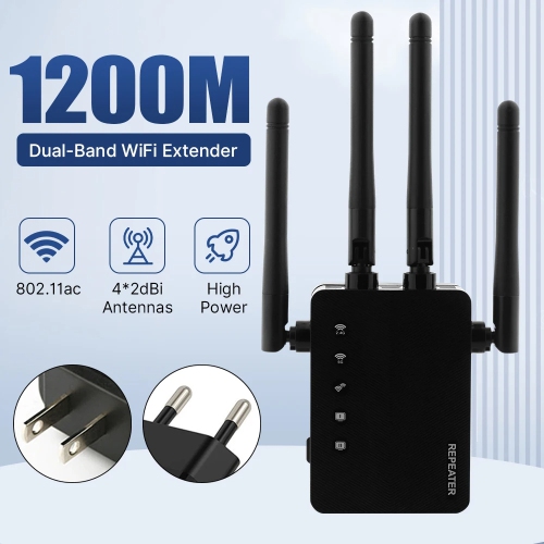 Wireless WiFi Extender Repeater with 4 Antennas Internet Signal Booster Dual Band 5GHz/2.4GHz Wide Coverage for Home Hotel