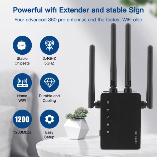 Wireless WiFi Extender Repeater with 4 Antennas Internet Signal Booster Dual Band 5GHz/2.4GHz Wide Coverage for Home Hotel