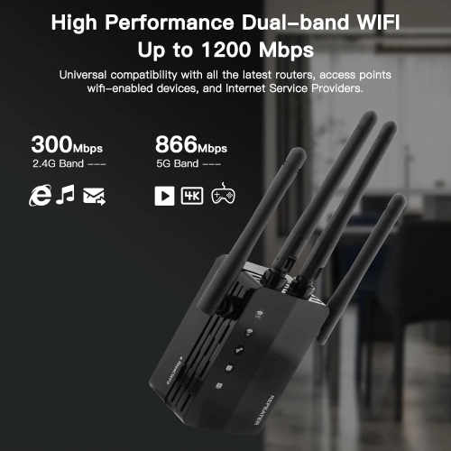 Wireless WiFi Extender Repeater with 4 Antennas Internet Signal Booster Dual Band 5GHz/2.4GHz Wide Coverage for Home Hotel