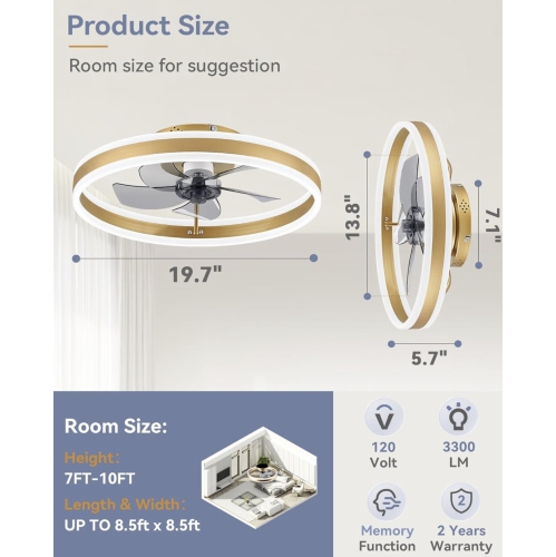 Luxurious Low Profile Ceiling Fans with Lights, Flush Mount Modern Ceiling Fan and Remote Control, 19.7" LED Ceiling Fans, Stepless Dimmable 3 Colors