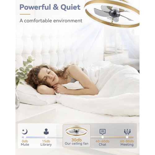 Luxurious Low Profile Ceiling Fans with Lights, Flush Mount Modern Ceiling Fan and Remote Control, 19.7" LED Ceiling Fans, Stepless Dimmable 3 Colors